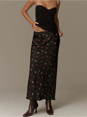 Anthropologie Tilda Maxi Skirt Black Floral Ankle Length Size XL Irregular